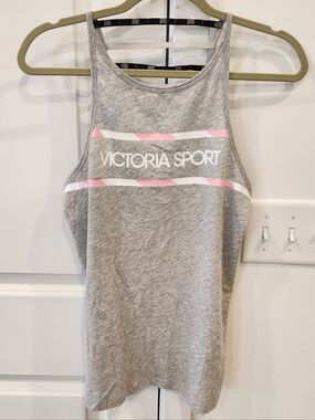 Victoria Sport Grey Tank with Pink & White Stripe Accents
